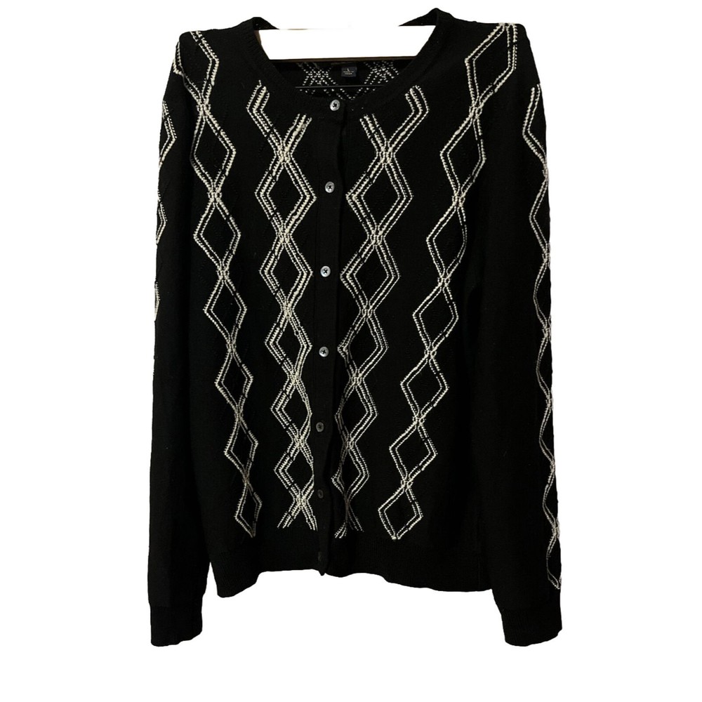 Brooks Brothers Women’s Black Argyle Pattern 100% Merino Wool Cardigan SZ Large